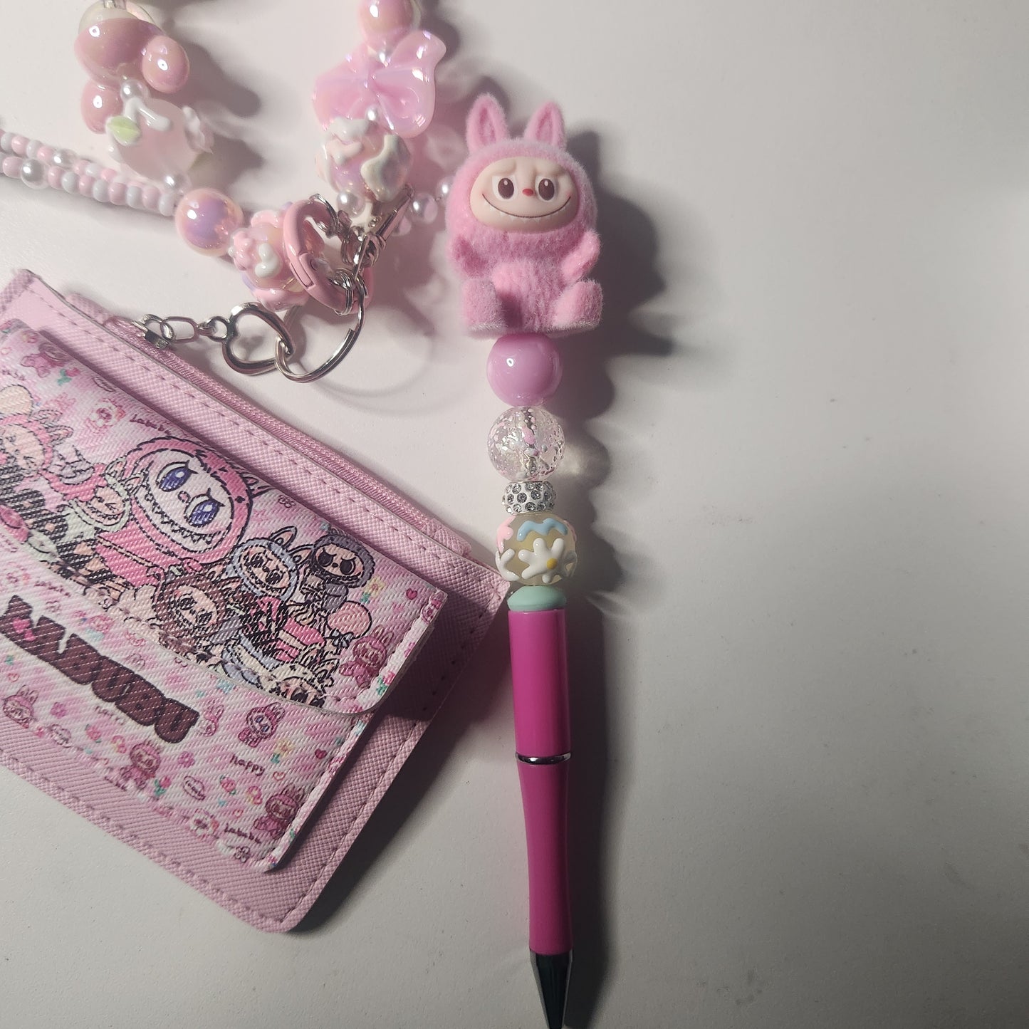 (Live Claim) Character Beaded Pen Wristlet Beaded Keychain with Wallet