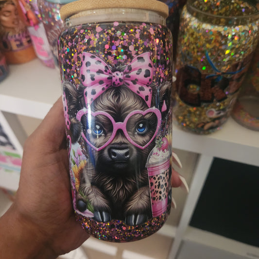 Pink Bow Cows 16oz Glass Can