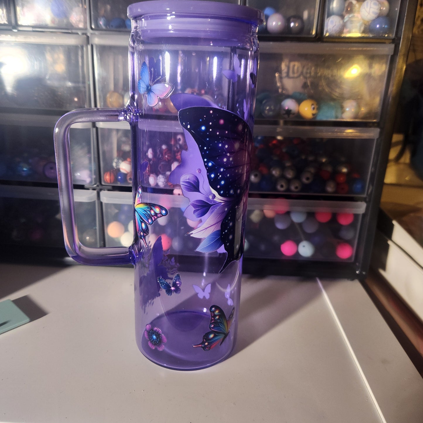 Purple Butterfly 20oz Tumbler with Handle